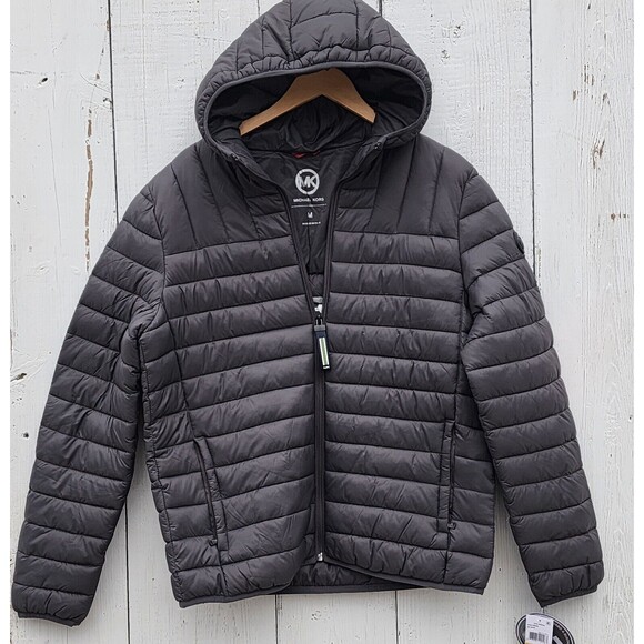 MICHAEL KORS Men's Charcoal Grey Hooded Lightweight Puffer Zip Up Coat Sz M